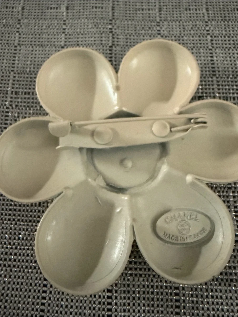 Chanel Flower Brooch in Cream with Black & Gold Logo